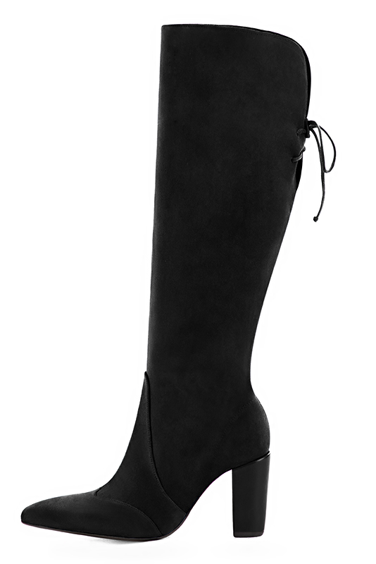 Matt black women's knee-high boots, with laces at the back. Tapered toe. Very high block heels. Made to measure. Profile view - Florence KOOIJMAN